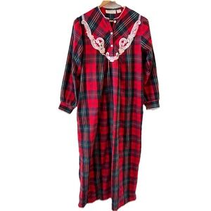 Vintage Cotillion Plaid Flannel Lace Nightgown Small Cozy Prairie Modest Cabin